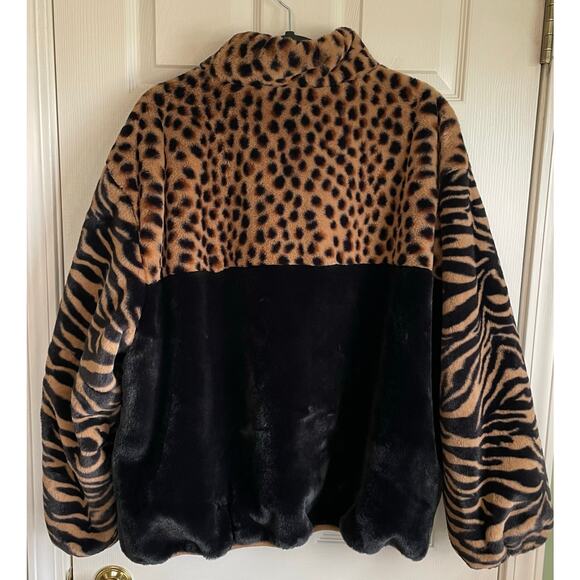 Nikki Jones Multi Print Faux Fur Jacket Balloon Sleeves Pockets Sz L Mob Wife - Picture 8 of 16